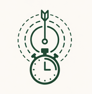 Short & focused: Illustration of a stopwatch with an arrow and target symbol above it, representing timing or precision.