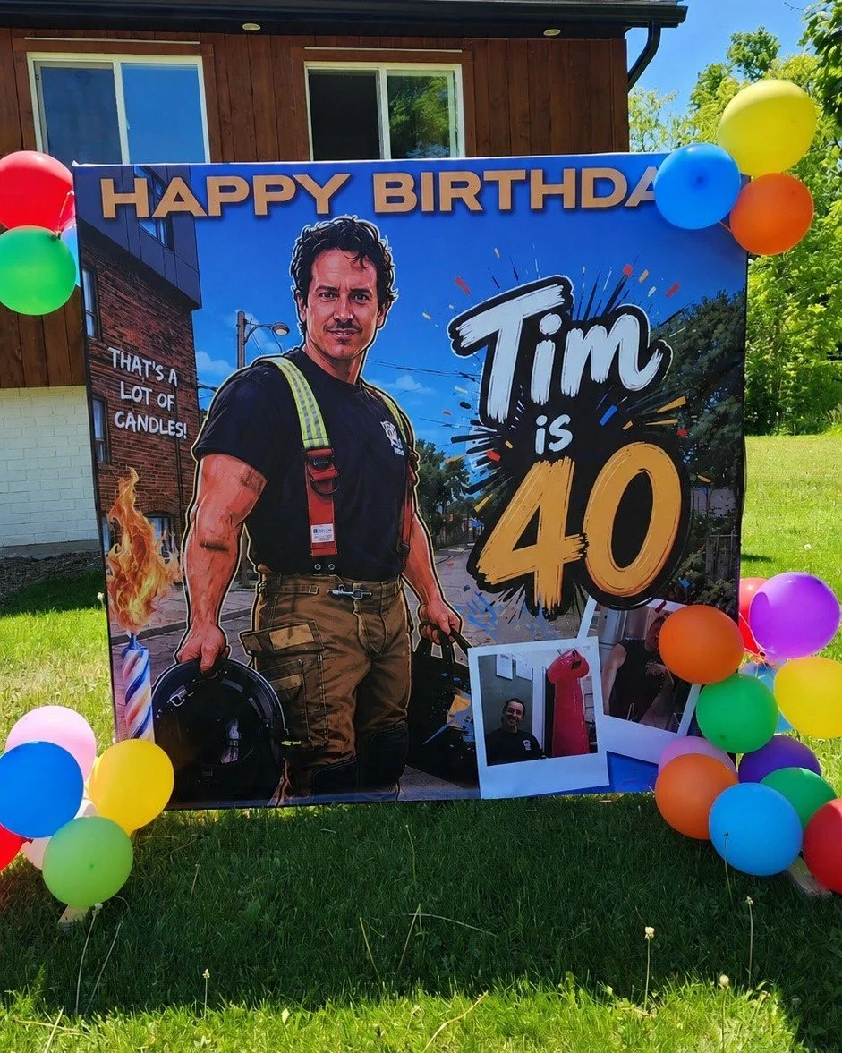 Tim thought he was just coming home after a normal afternoon with the kids... he was very, very wrong. 😂

Yesterday we had the chance to help surprise him with this larger-than-life 40th birthday display. As an added bonus, we were told there may or