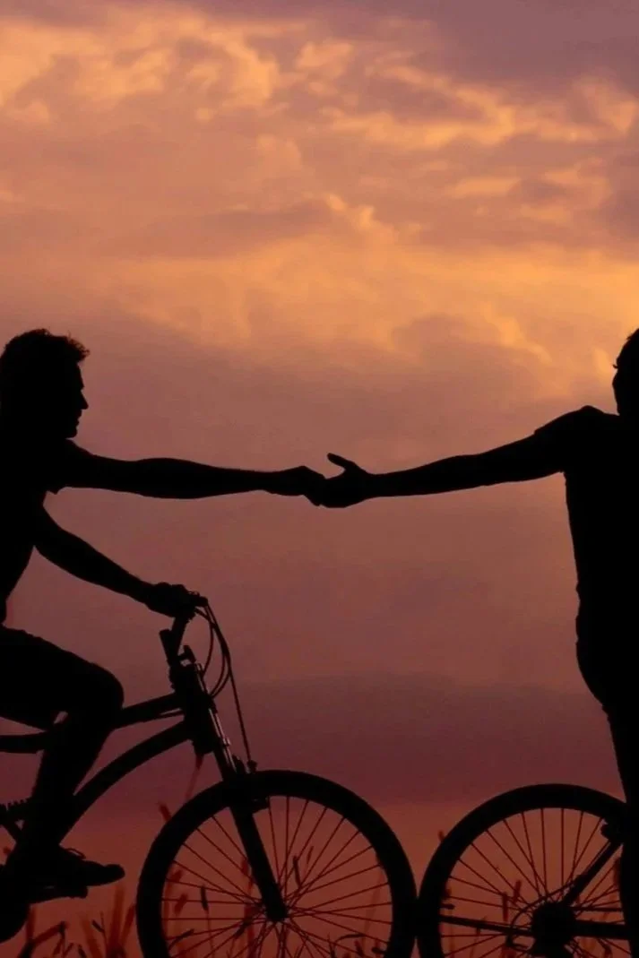 Silhouettes of two people on bicycles reaching out to shake hands during sunset, with a colorful sky in the background.