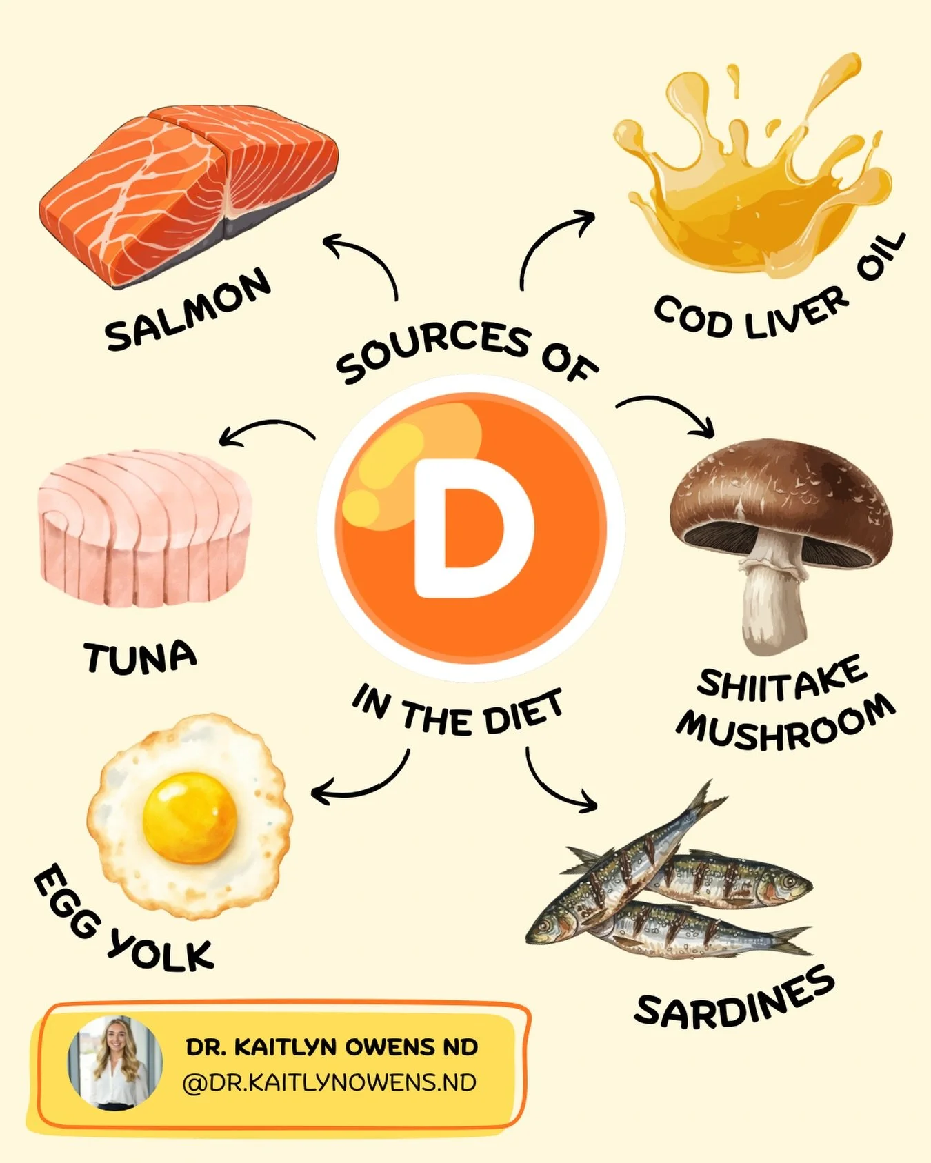 Vitamin D doesn&rsquo;t come from many foods&mdash; but we can still contribute a bit from the diet. 

Dietary sources of vitamin D include: &bull; Cod liver oil: ~400&ndash;1,000 IU per tsp &bull; Wild salmon: ~600&ndash;1,000 IU per 100 g &bull; Fa