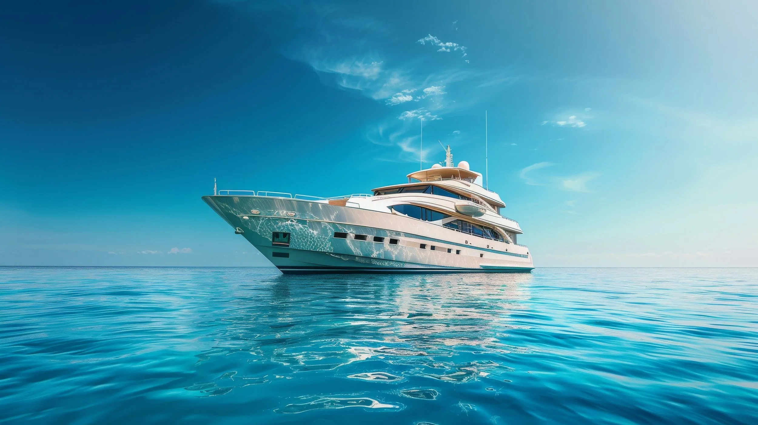 A luxury yacht floating on calm, blue ocean waters under a clear blue sky.