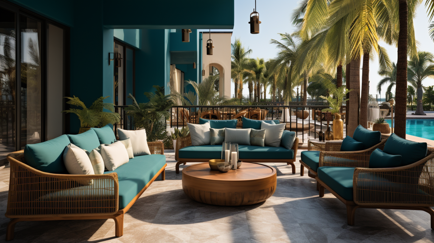 Outdoor seating area with turquoise cushions, white and beige pillows, and a round wooden coffee table surrounded by palm trees and a pool in the background.