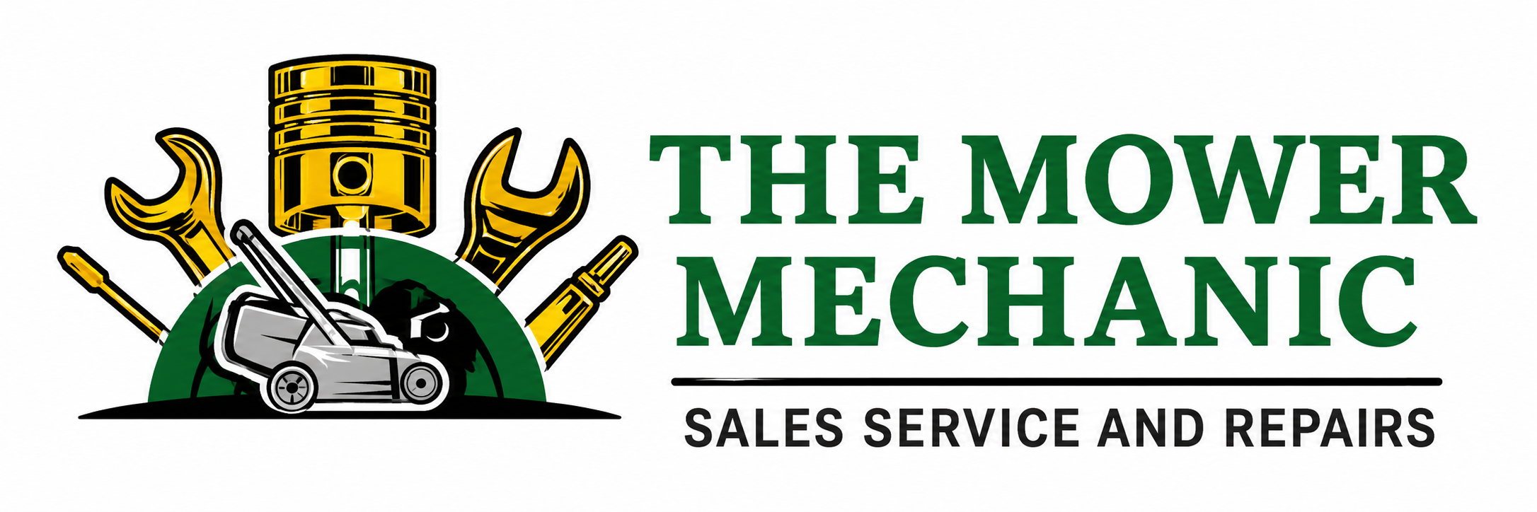 Logo for The Mower Mechanic featuring a lawnmower, wrench, hammer, piston, and screwdriver with the text 'The Mower Mechanic Sales Service and Repairs'.