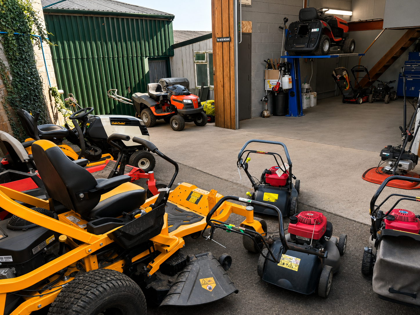 Various outdoor lawn equipment, including riding mowers and lawn trimmers, parked in a concrete driveway near a garage with storage shelves and tools inside.