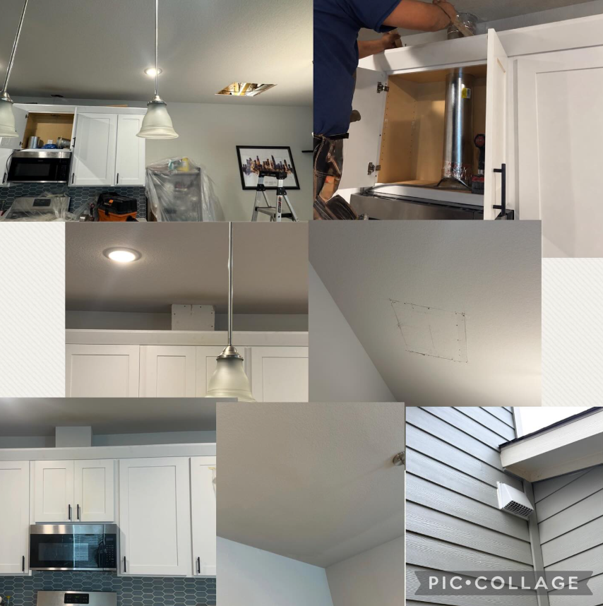 Microwave ducted between floors to a sidewall vent. Drywall chase built around duct for concealment.
