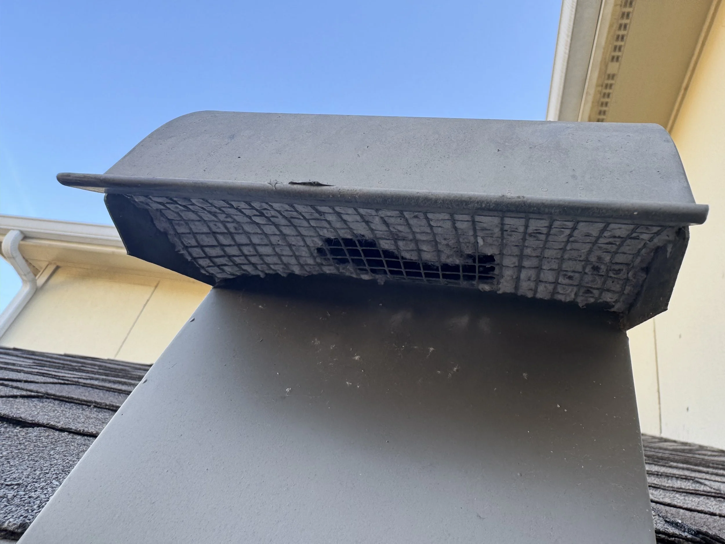 Gooseneck roof vent w/ Screen - Installed by a roofer (by code dryer vent should not have a screen)