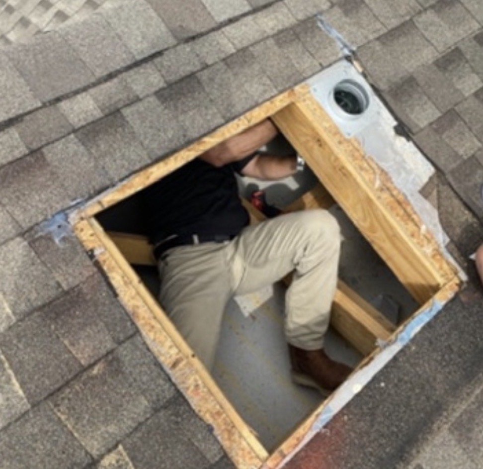 Accessing a dryer duct inside a porch roof without attic access.  Repairing duct and installing a new roof vent