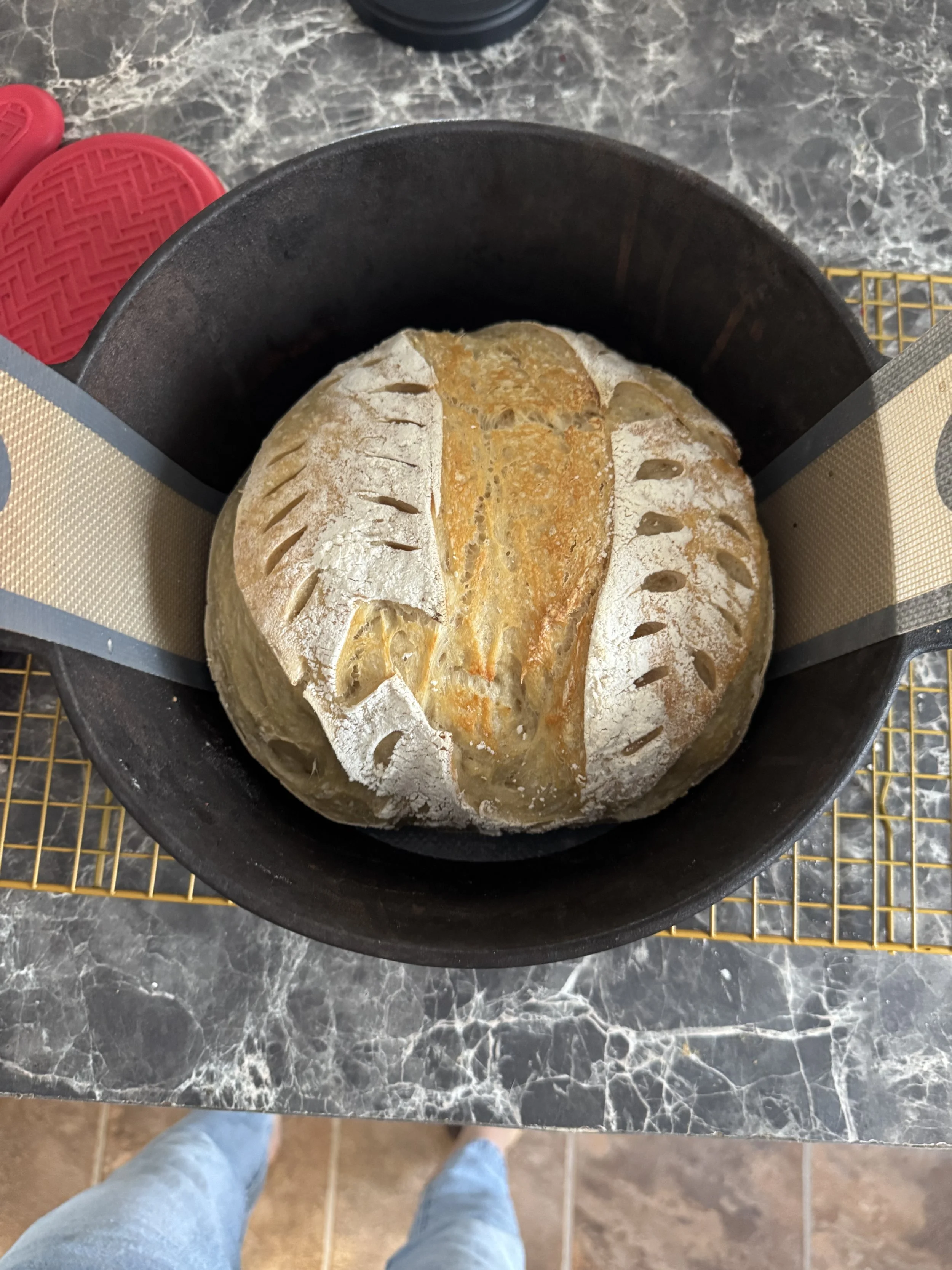 bo_co_sourdough with claire. Organic Sourdough. Baking. Freshly baked round artisan bread with scored crust, resting in a black banneton basket on a gray marble countertop.