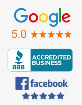 Image with examples of online review sites, Google, BBB Accredited Business and Facebook. Five stars are under the Google logo with the number 5.0 and five stars are under the Facebook logo.