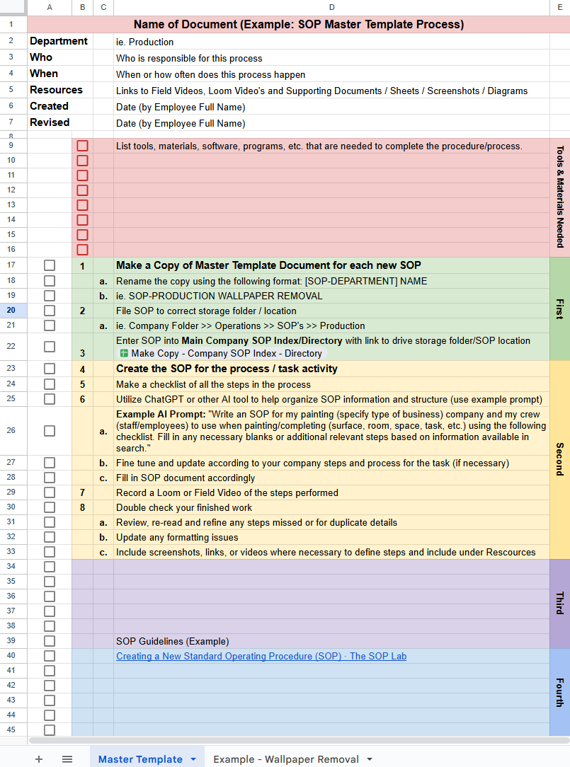 Image of a spreadsheet of a master template for writing SOP's. It is color coded into sections for Tools & Materials, First, Second, Third, Fourth steps and sections