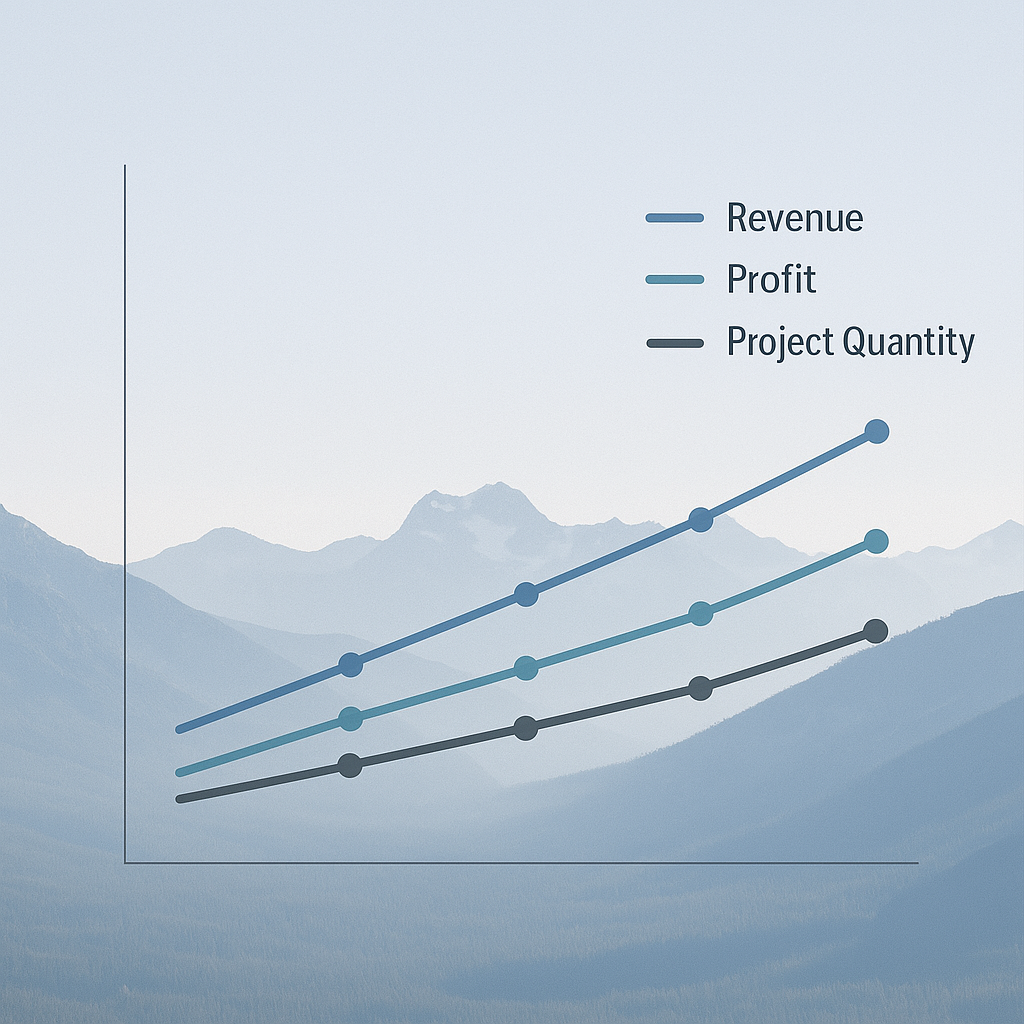 The background is of a foggy mountain landscape with a graph chart in the foreground showing revenue, profit and project quantity growth over time.