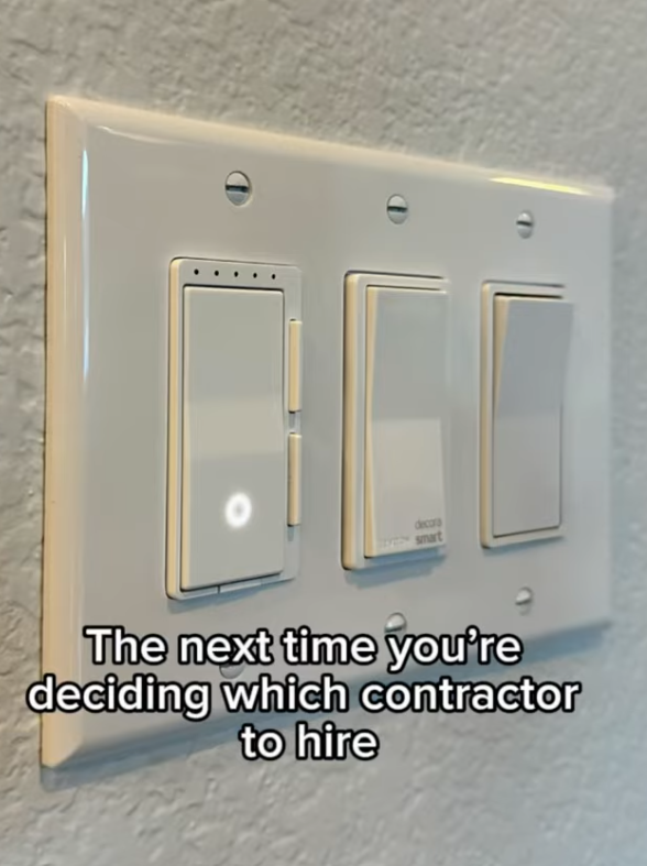 Image of three rocker decor style light switches in a row,  one is a dimmer switch. Text says "The next time you're deciding which contractor to hire".