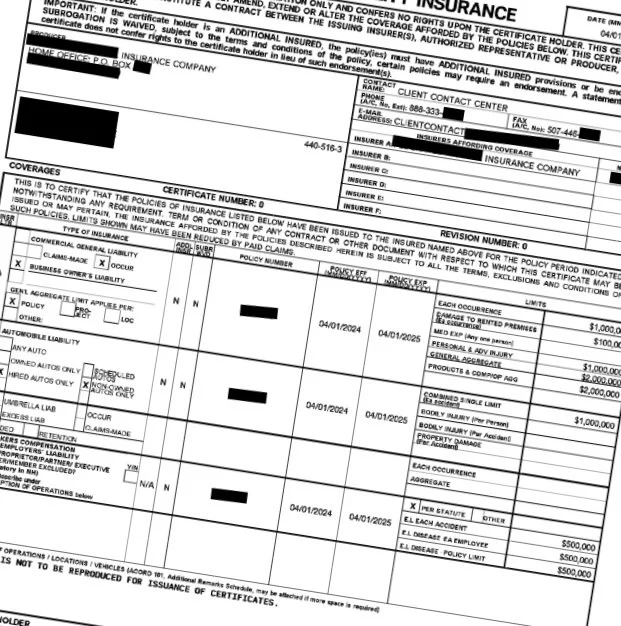 Example COI, Certificate of Insurance showing the Accord document of liability insurance. Important information is blacked out to protect identifiable information on the example.