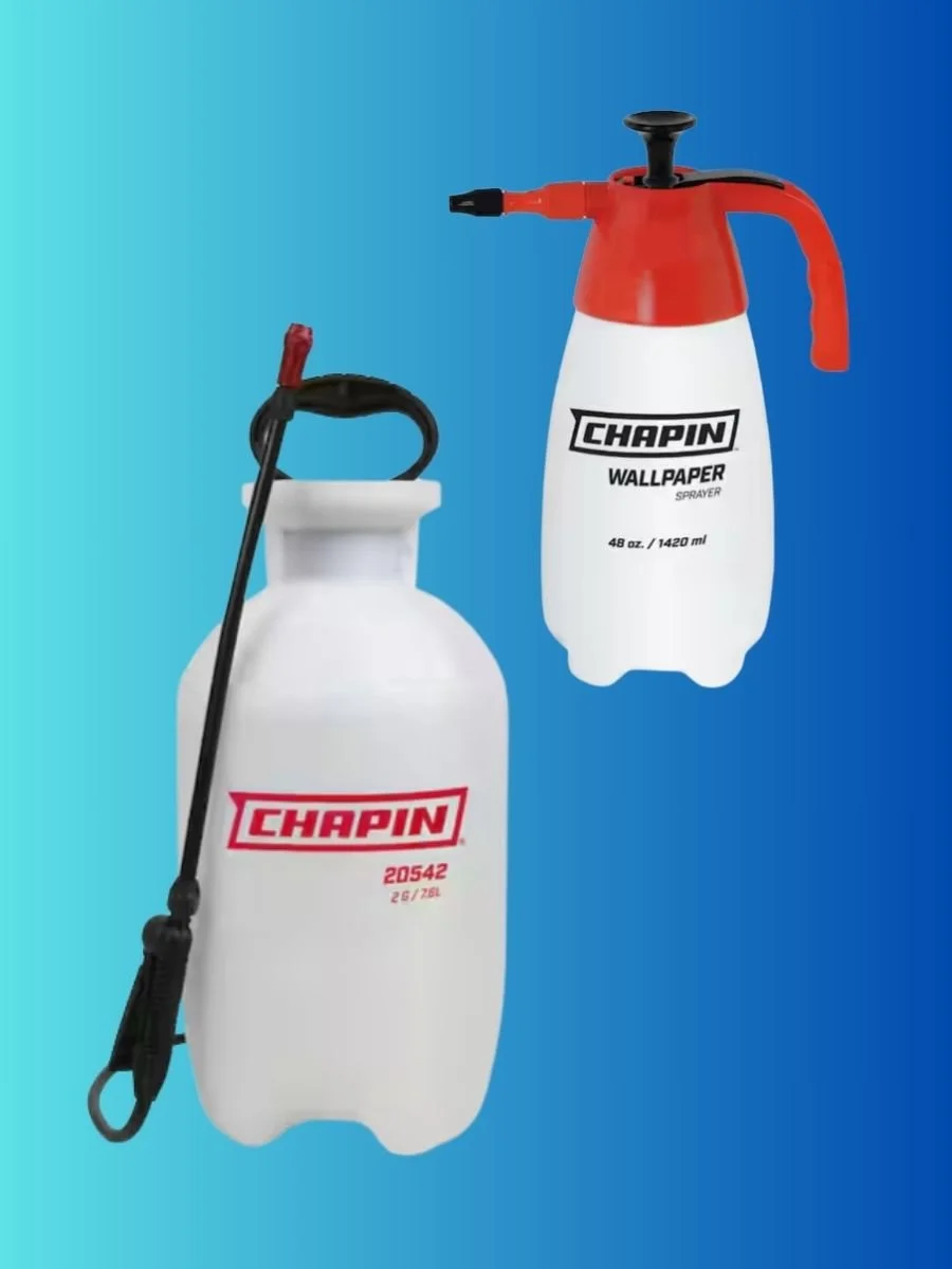 Two different pump sprayers, a 2 gallon garden style pump sprayer and a 48 oz hand pump wallpaper sprayer.