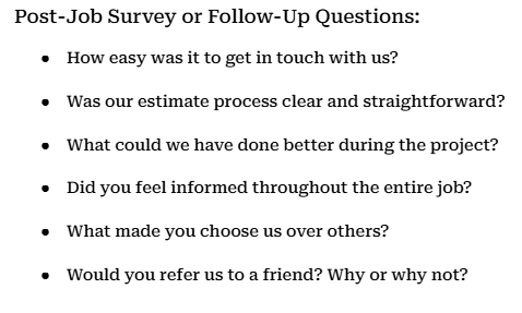 Image has a series of questions as examples for a post job follow up or survey to ask customers.