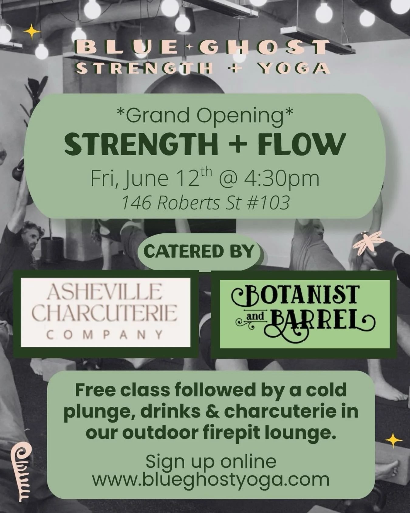 Raise a glass and a kettlebell as we celebrate our Grand Opening with @avlcharcuterieco and @botanistandbarrel 🧀🍷

After our 60min Strength + Flow class, we will enjoy charcuterie and bevies from these two local staples in our backyard lounge 🛋️

