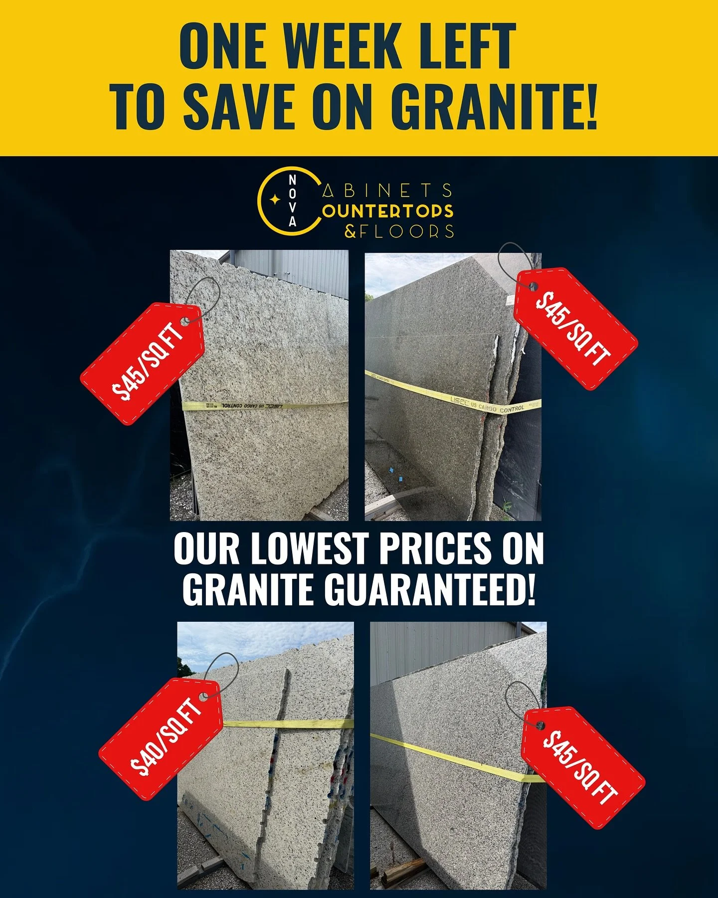 Just ONE WEEK left on our Granite end of summer season sale! 

Stop in, get an estimate and lock in the lowest prices of the year on granite! We have options starting as low as $40/sq foot !! 

All of these options are available IN STOCK which means 