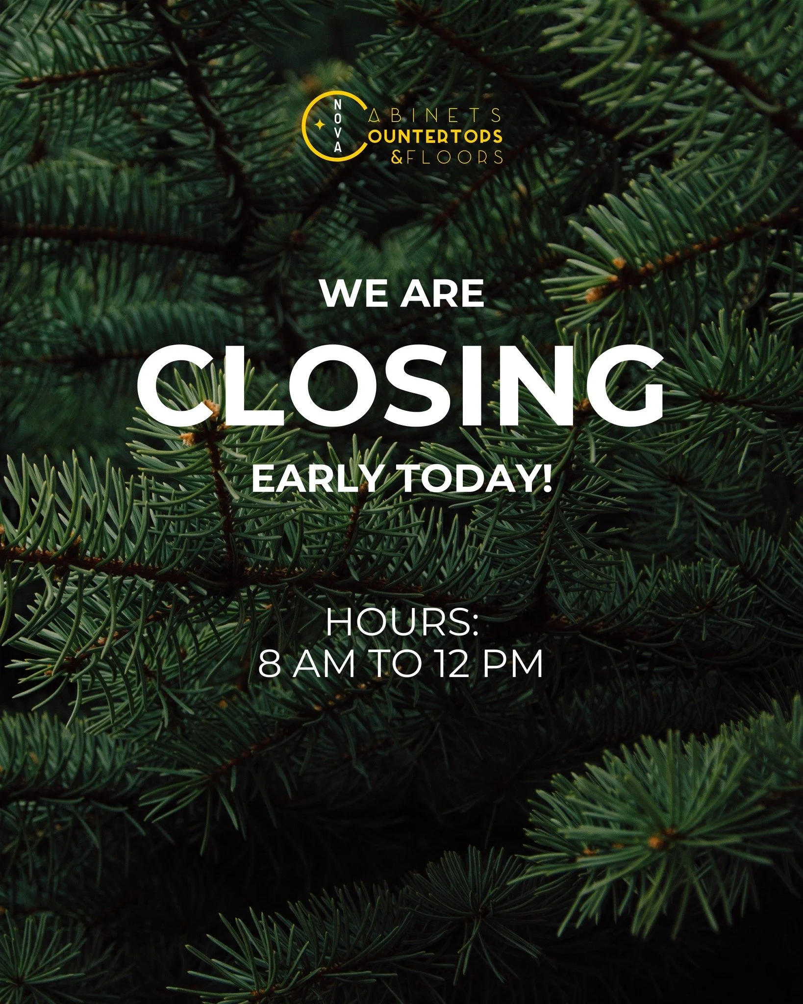 Just a reminder, we close at 12pm today and will be closed all day on Thursday, January 1st. We will re-open on Friday, January 2nd at 8 AM!

Thank you for your understanding! We hope you have a safe holiday!