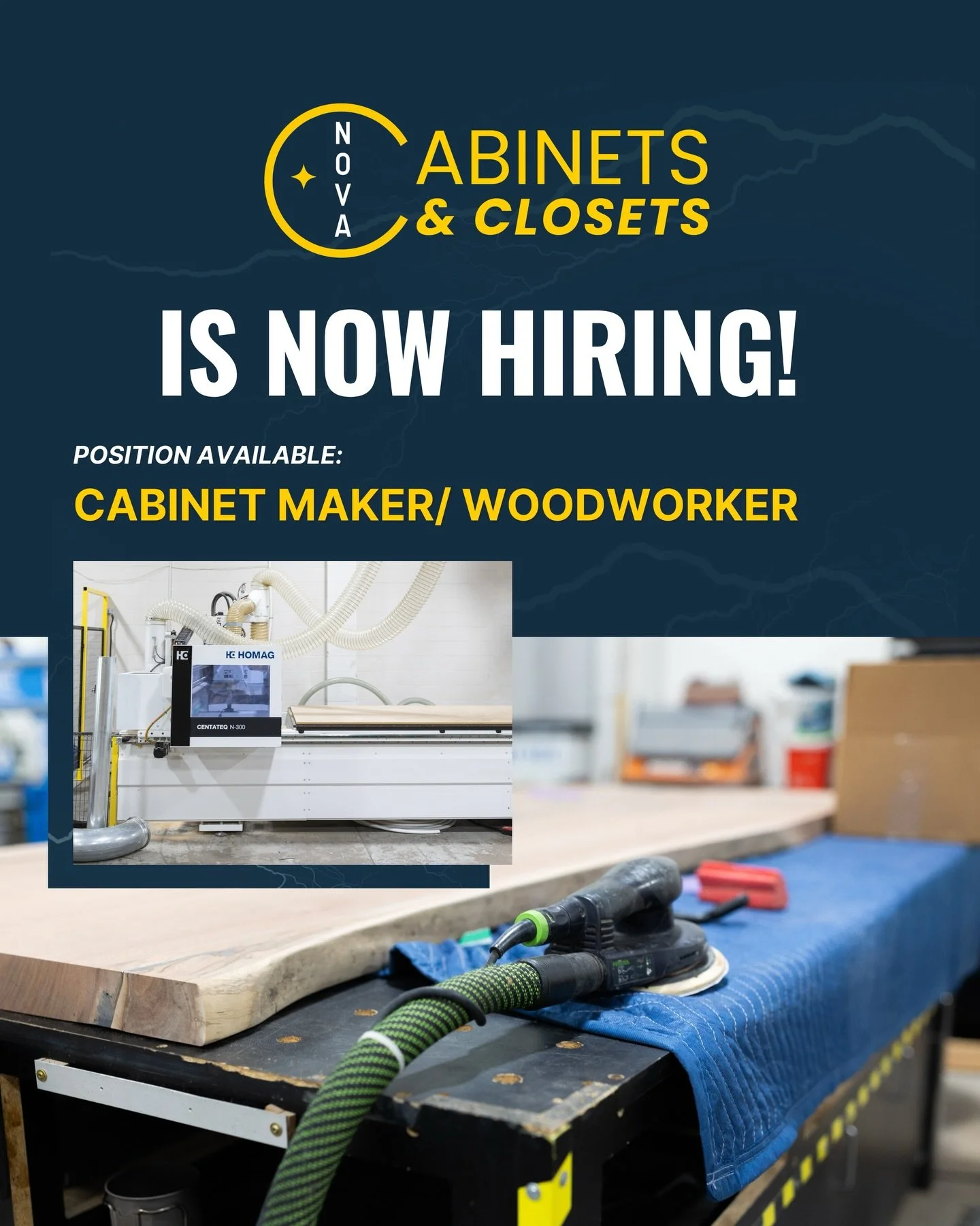 🛠️ NOW HIRING: Cabinet Maker / Woodworker

Nova Cabinets &amp; Closets is growing, and we&rsquo;re looking for someone who loves working with their hands and building things that last.

Experience in woodworking preferred but we&rsquo;re willing to 