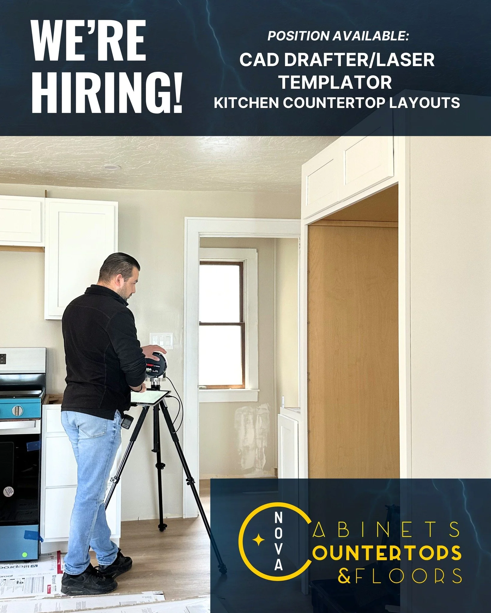 Nova Countertops, Cabinets &amp; Flooring is growing fast and we&rsquo;re looking for a detail-oriented Laser Templator / CAD Drafter to join our team. 

This position involves measuring countertops and cabinetry layouts in the field, creating precis