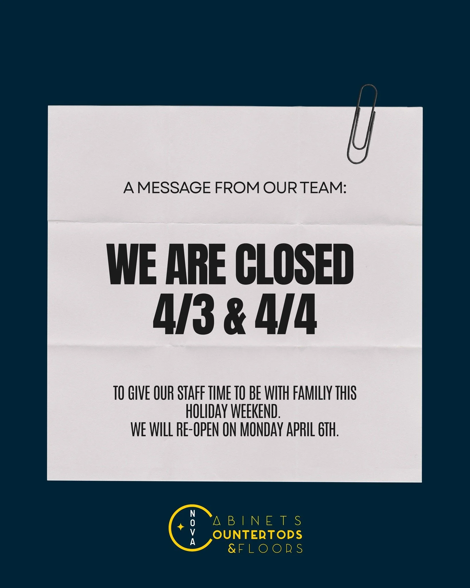 Hi Friends- we are closed today and tomorrow to allow our staff to spend the holiday weekend  with their families! 

✞ Good Friday is good- because Sunday is coming! 

Wishing you all a great weekend!