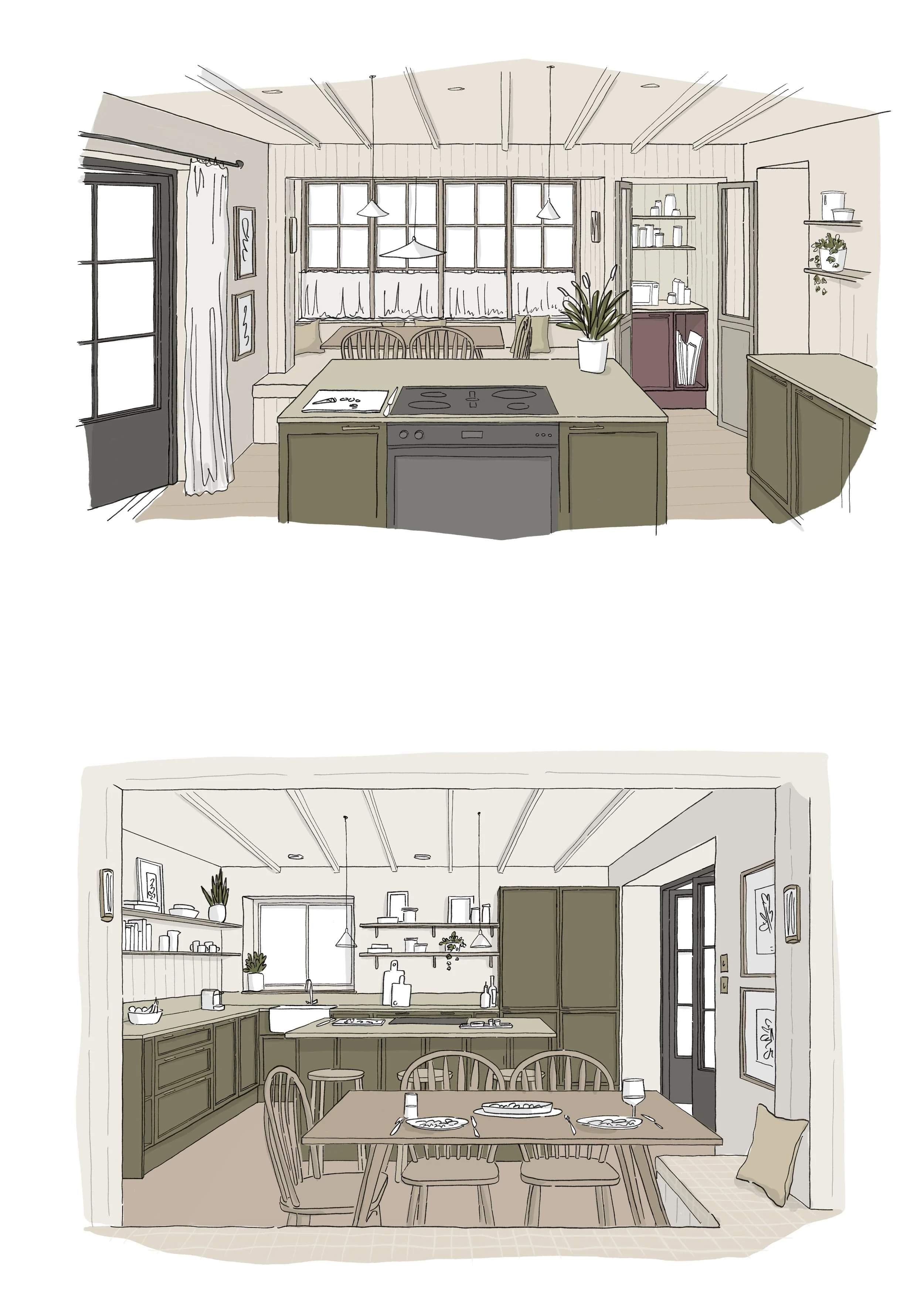 Interior views of a cosy, contemporary country kitchen and dining area with a center island, barstools and open shelving, decorated with plants and framed artwork. There is a glimpse into a walk-in pantry.