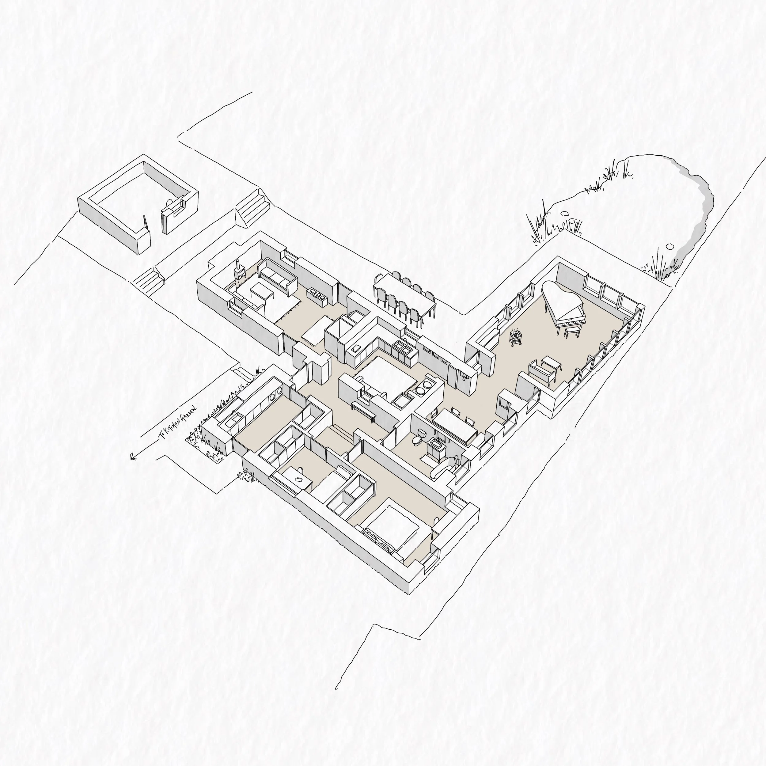 Lots of the design work in the studio recently. This sketch from the archives shows a full renovation and extension to a stone cottage nestled in the landscape. Enjoyed our trips across the Severn to visit 🌳