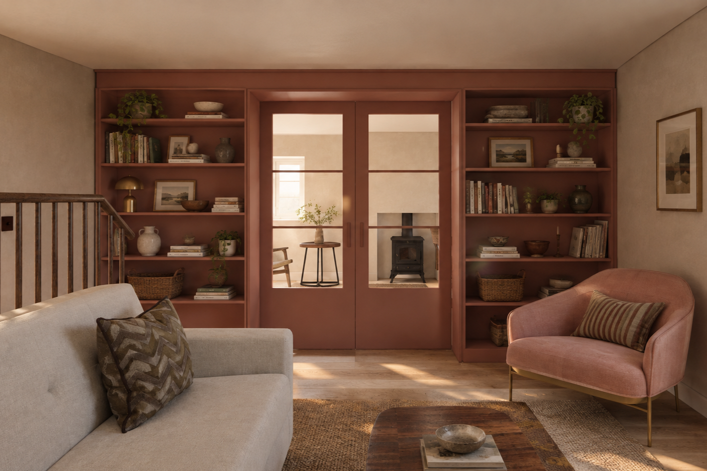 Living room with beige sofa, pink armchair, wooden coffee table, built-in wooden bookshelves, glass double doors witha  view into another room.