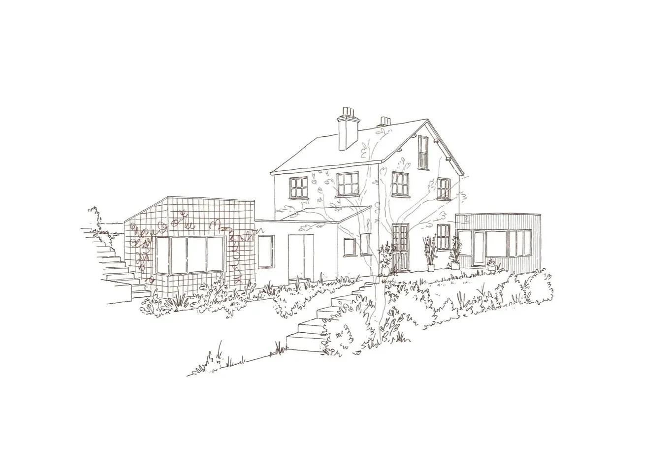 Line drawing of a house with with a mono pitched metal extension with a metal grid facade for climbing plants.