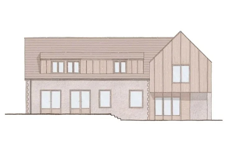 Architectural drawing of a contemporary two-story house with flint and wood exterior, large windows, and a sloped roof.