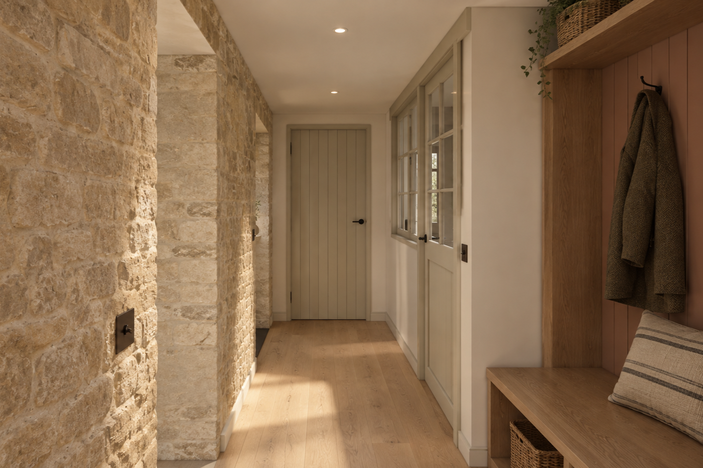 Interior hallway with exposed cotswold stone walls, light wood flooring and a closed timber door at the end. There are internal windows into the kitchen along the right side and a built-in wooden bench with a cushion and coat hanging on the wall.