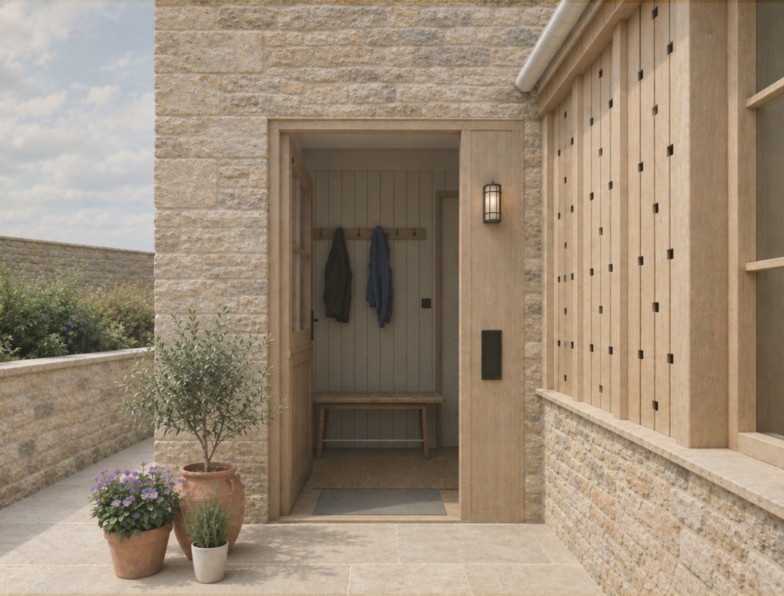 A porch with a cotswold stone wall, potted plants, featuring a small tree and purple flowers in pots. There is a view inside of the coat rack and bench.