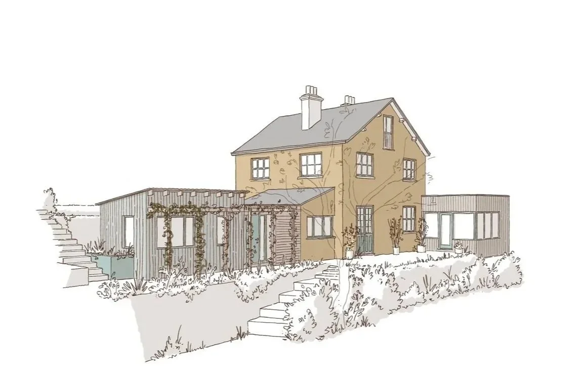 Illustration of a three-storey house with a pitched roof, surrounded by plants, with a modern metal extension on one side and a pergola in front.