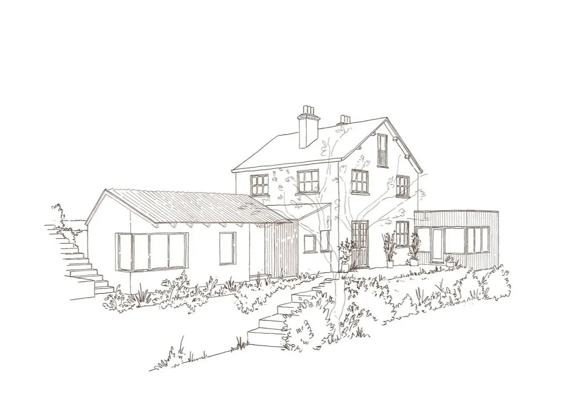 Line drawing of a house with a single storey extension with an overhanging roof to provide solar shading and shelter.