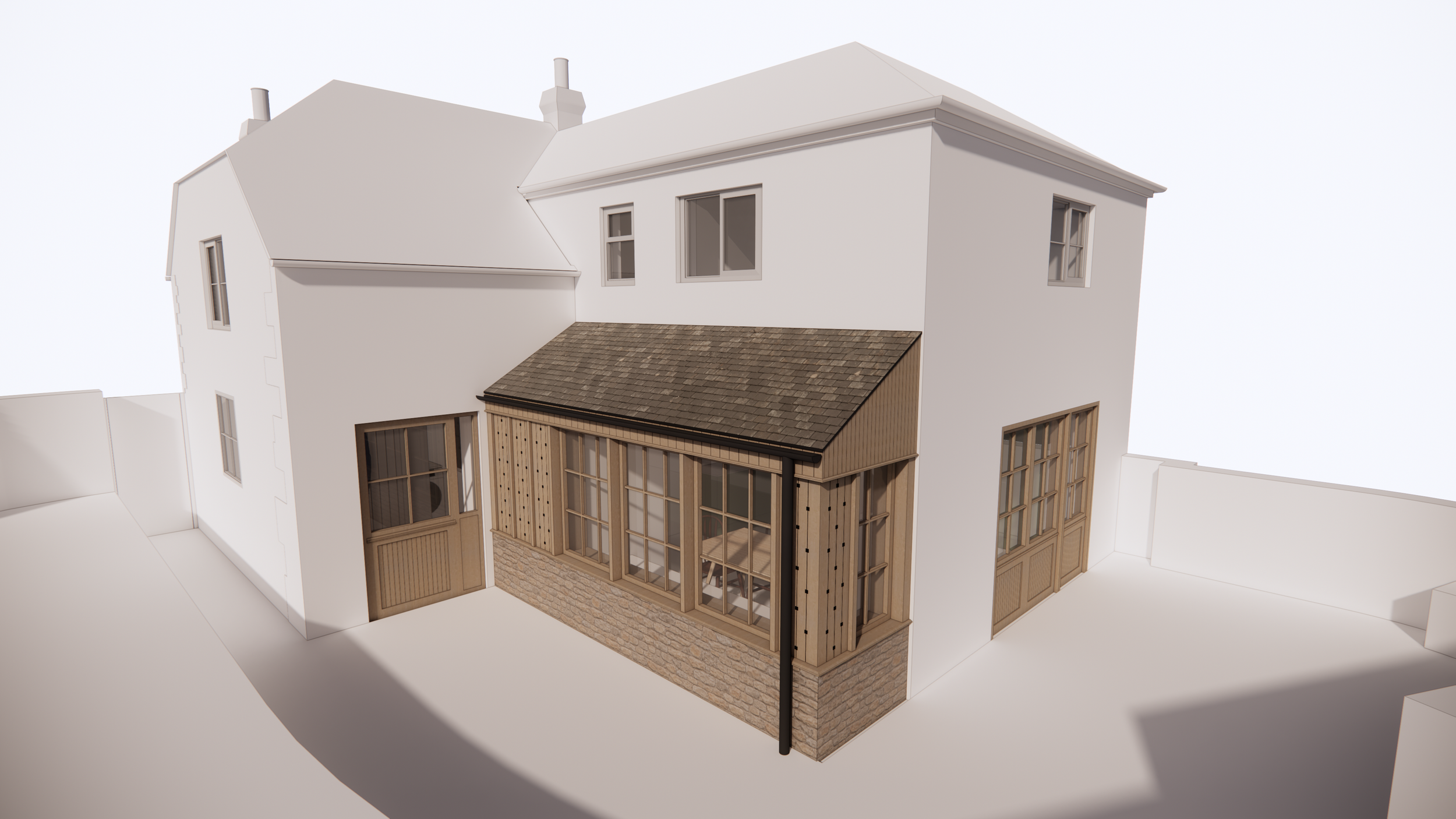 3D clay model of a residential building highlighting a small, sensitive wooden extension.