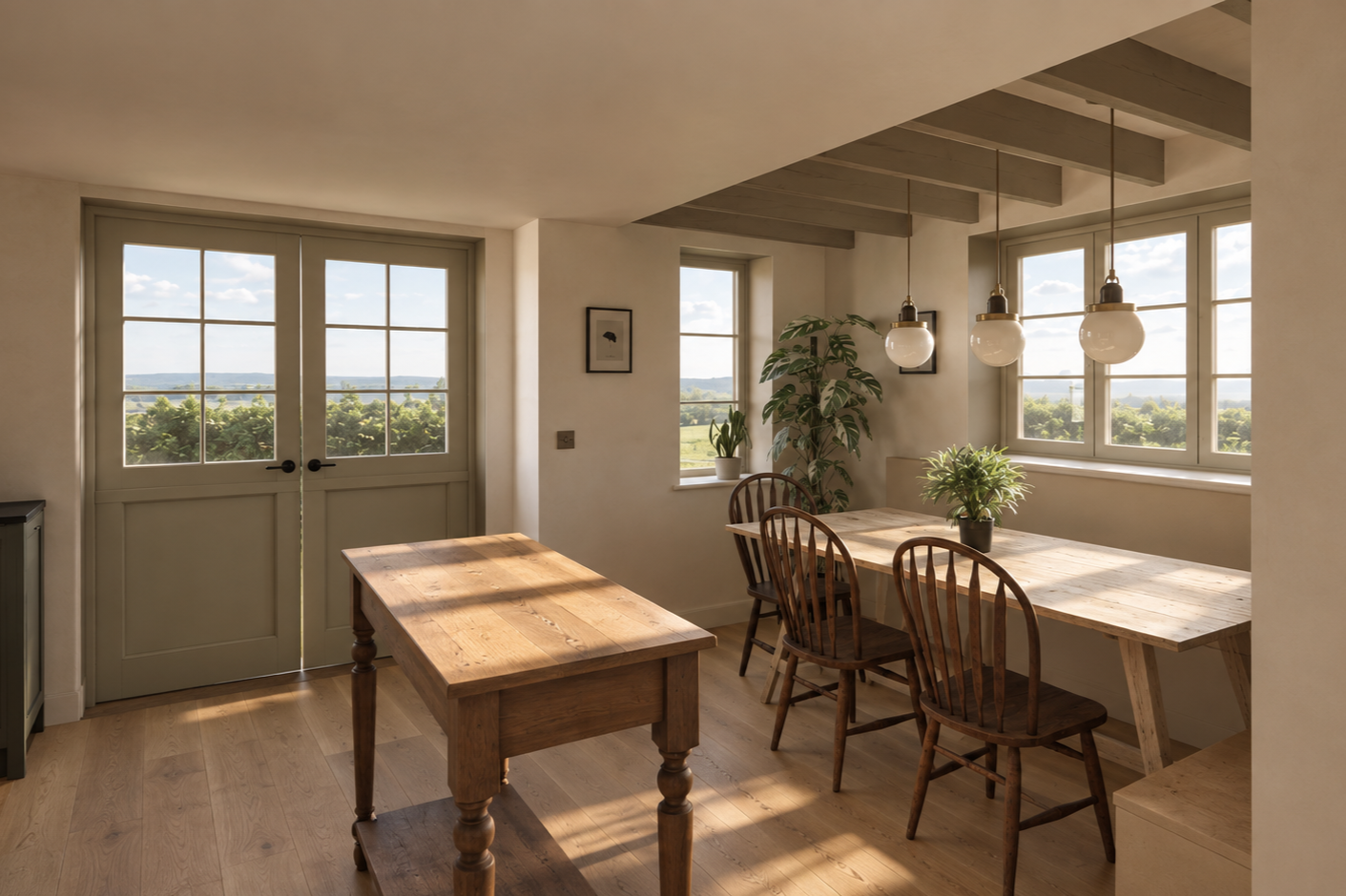 Bright dining room with wooden table and chairs, large windows showing a green landscape, hanging pendant lights, and potted plants.