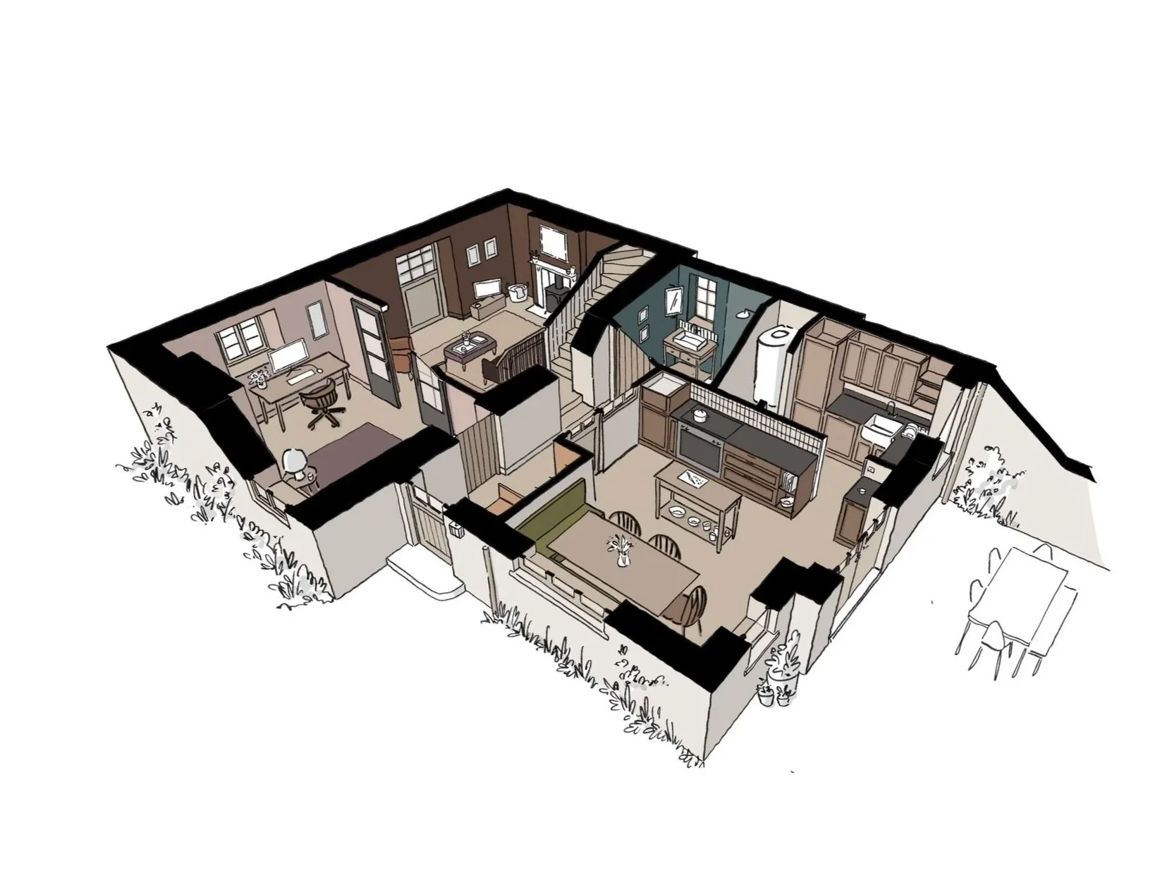 Isometric view of a single-story house with multiple rooms including a living room, kitchen, dining area, office, bathroom, and bedrooms, with outdoor landscaping around the house.