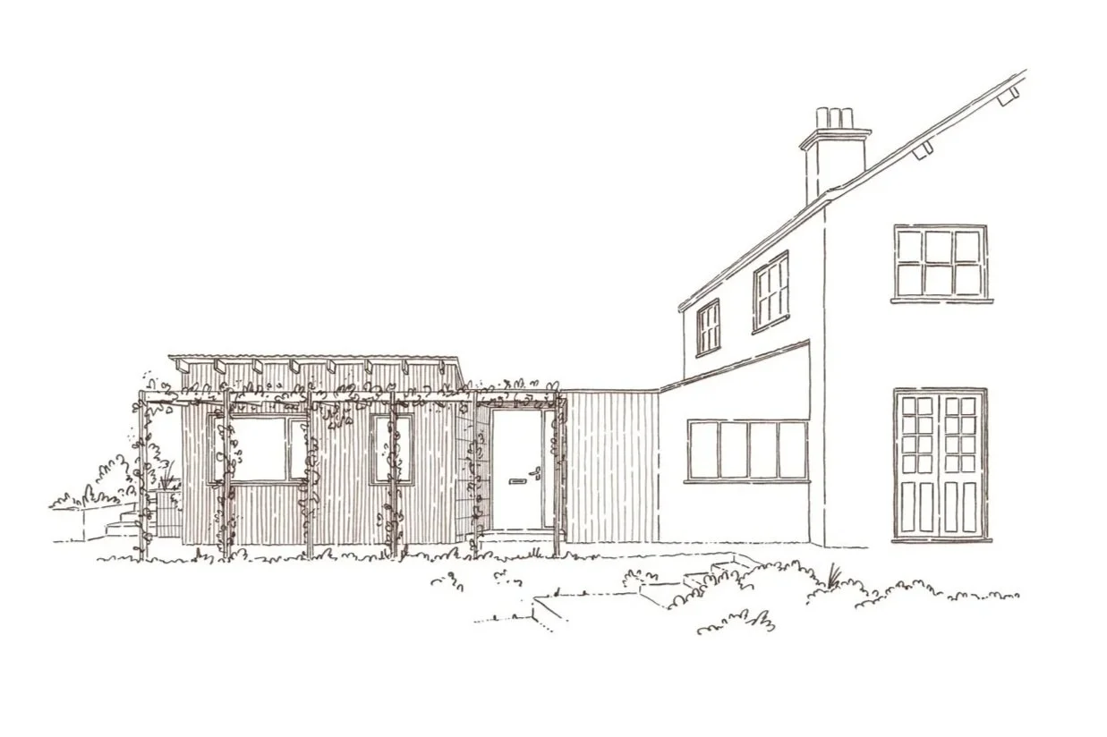 Line drawing of a two-story house with a chimney and a connected metal single storey extension and wooden structure for plants.
