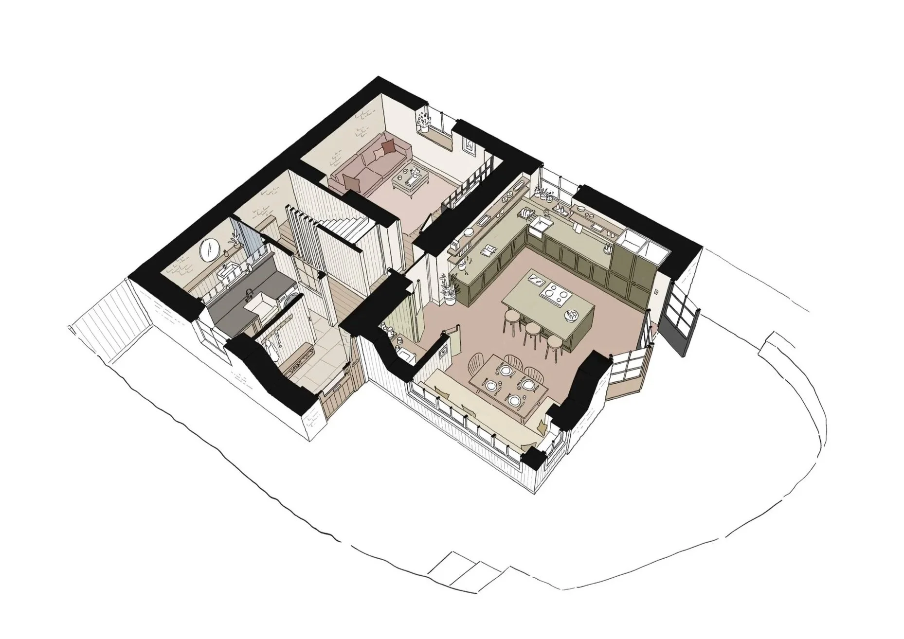 A 3D floor plan of a house showing rooms including a kitchen with an island, dining area, living room with a sofa, a cloakroom and utility room.