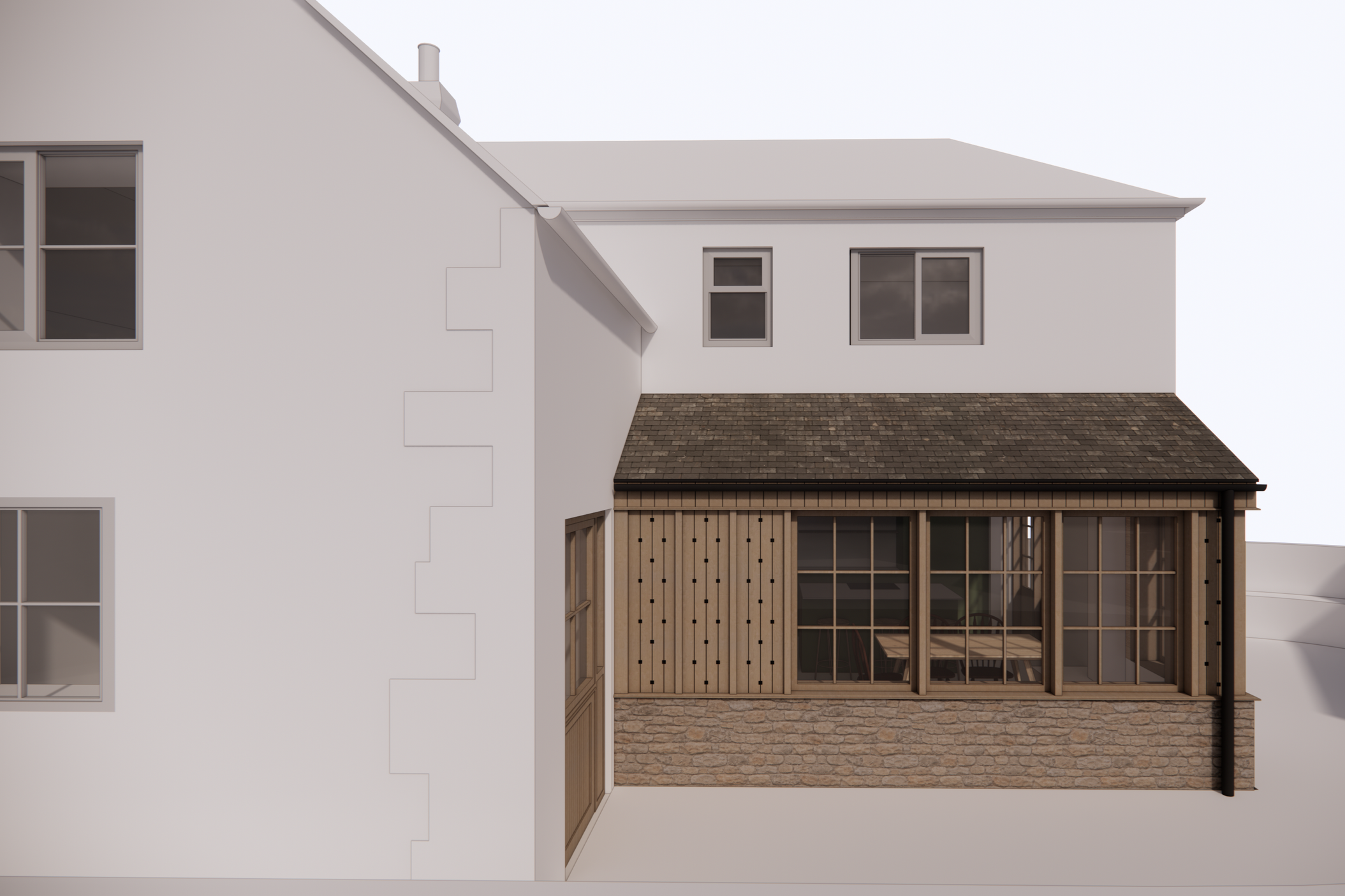 Clay render of an existing house highlighting a small, contemporary timber extension.