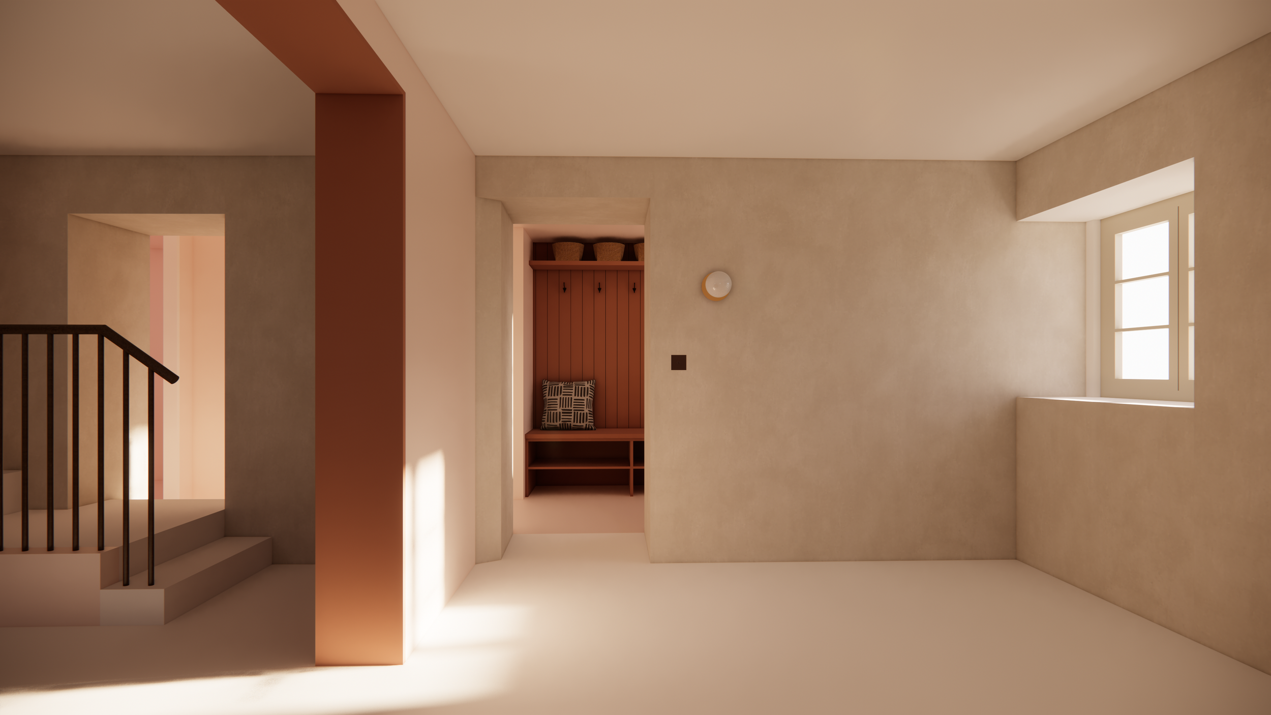 Interior view of a limewashed room flooded with natural light. There is a staircase and a view of the entrance area with hooks and shelves.