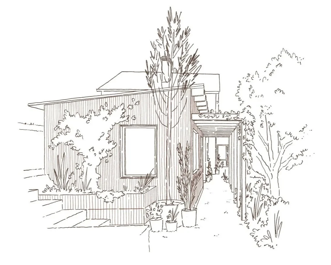 Line drawing of a house with a pathway leading to the entrance, surrounded by trees and plants.