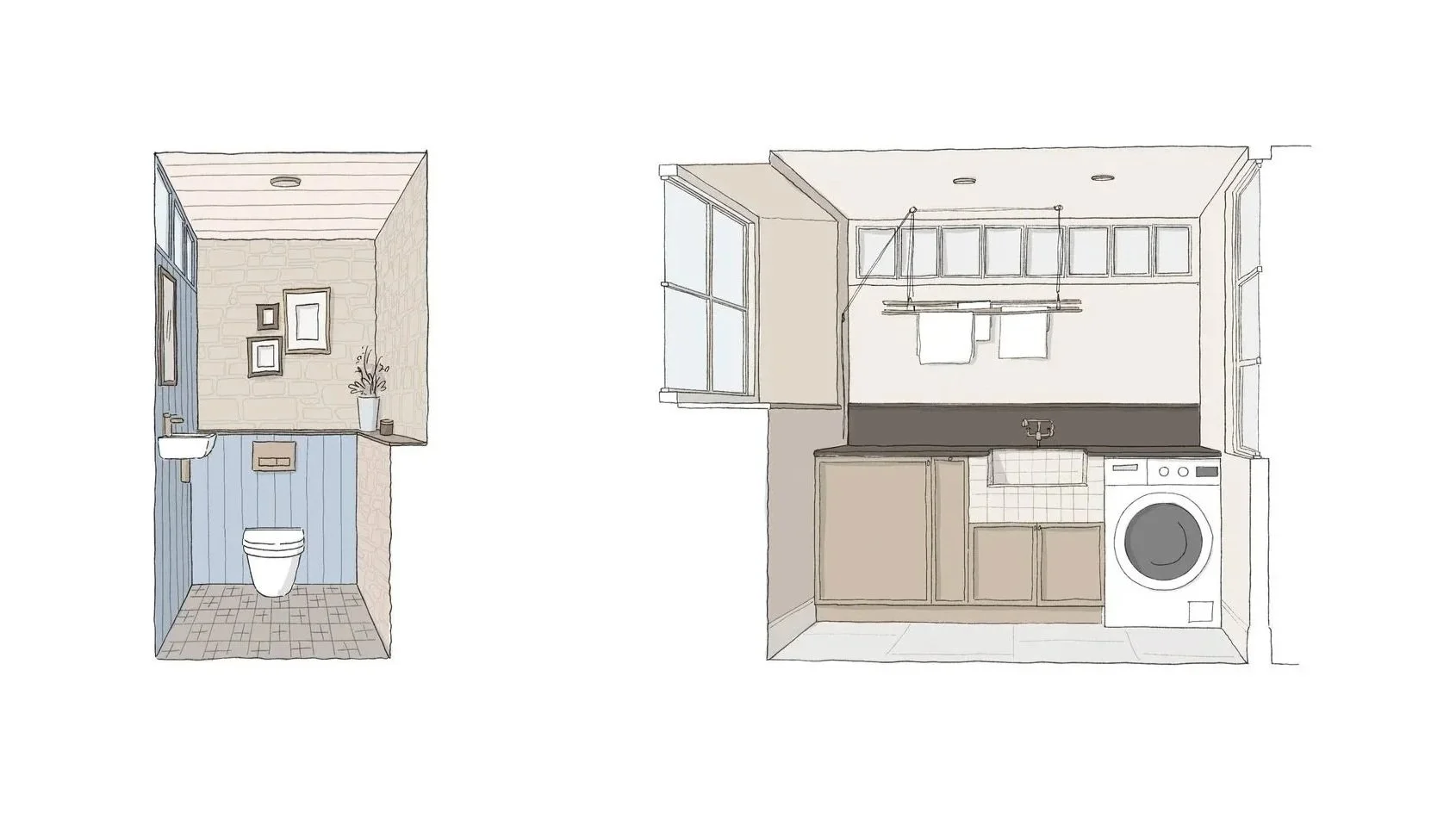 Two separate interior rooms illustrated: a bathroom with a toilet, small sink, framed pictures, and a plant on a shelf; and a utility with cabinets, a window, a washing machine and a countertop.