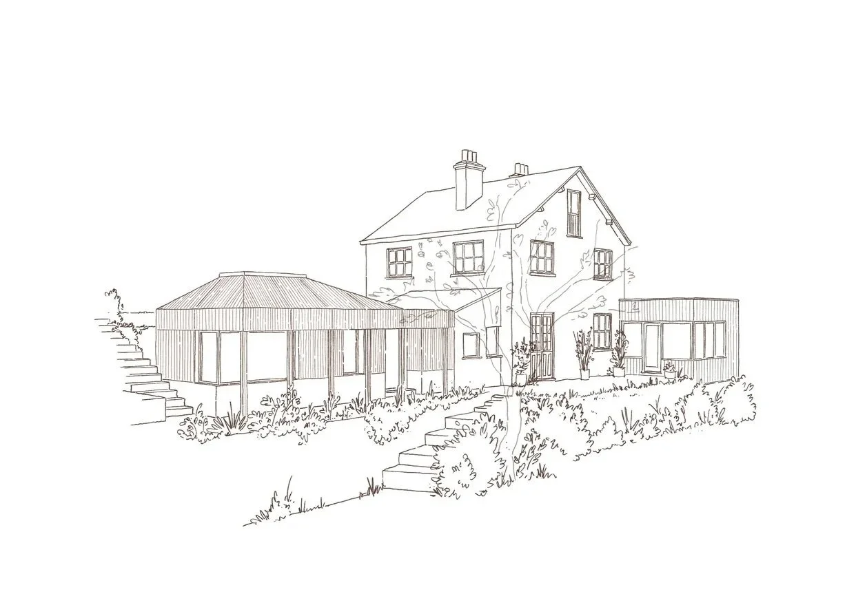 Line drawing of a house with a assymetric pitched roof.