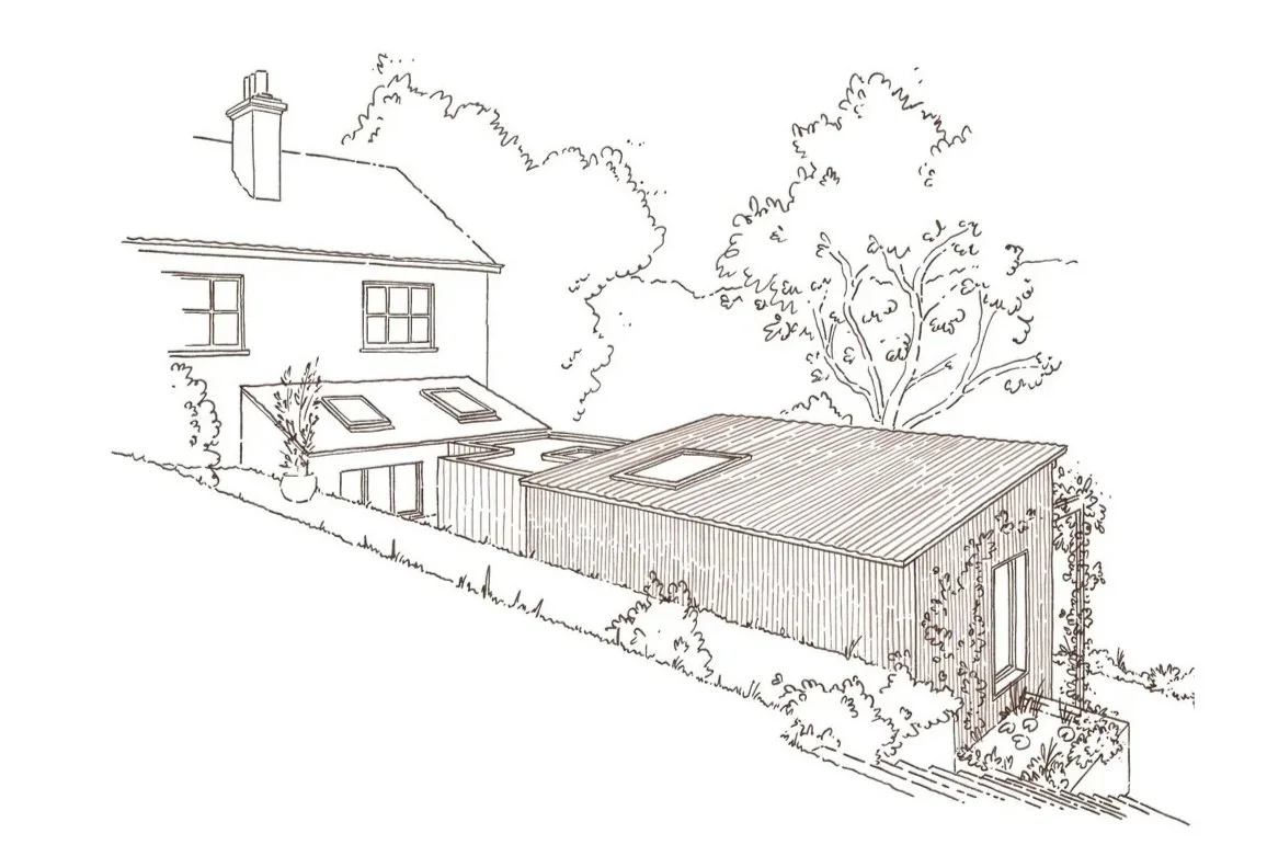 Line drawing of a house and a modern mono pitched extension with skylights, situated on a sloped site with bushes and plants.
