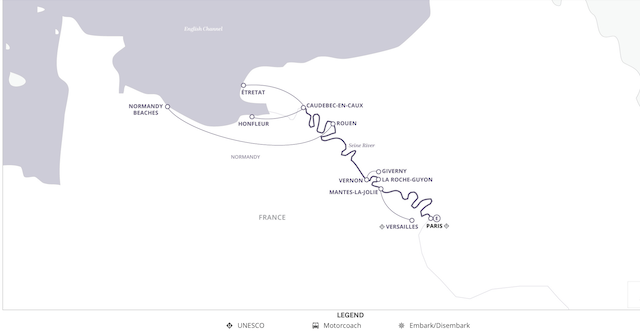 Uniworld Paris-Normandy river cruise map.