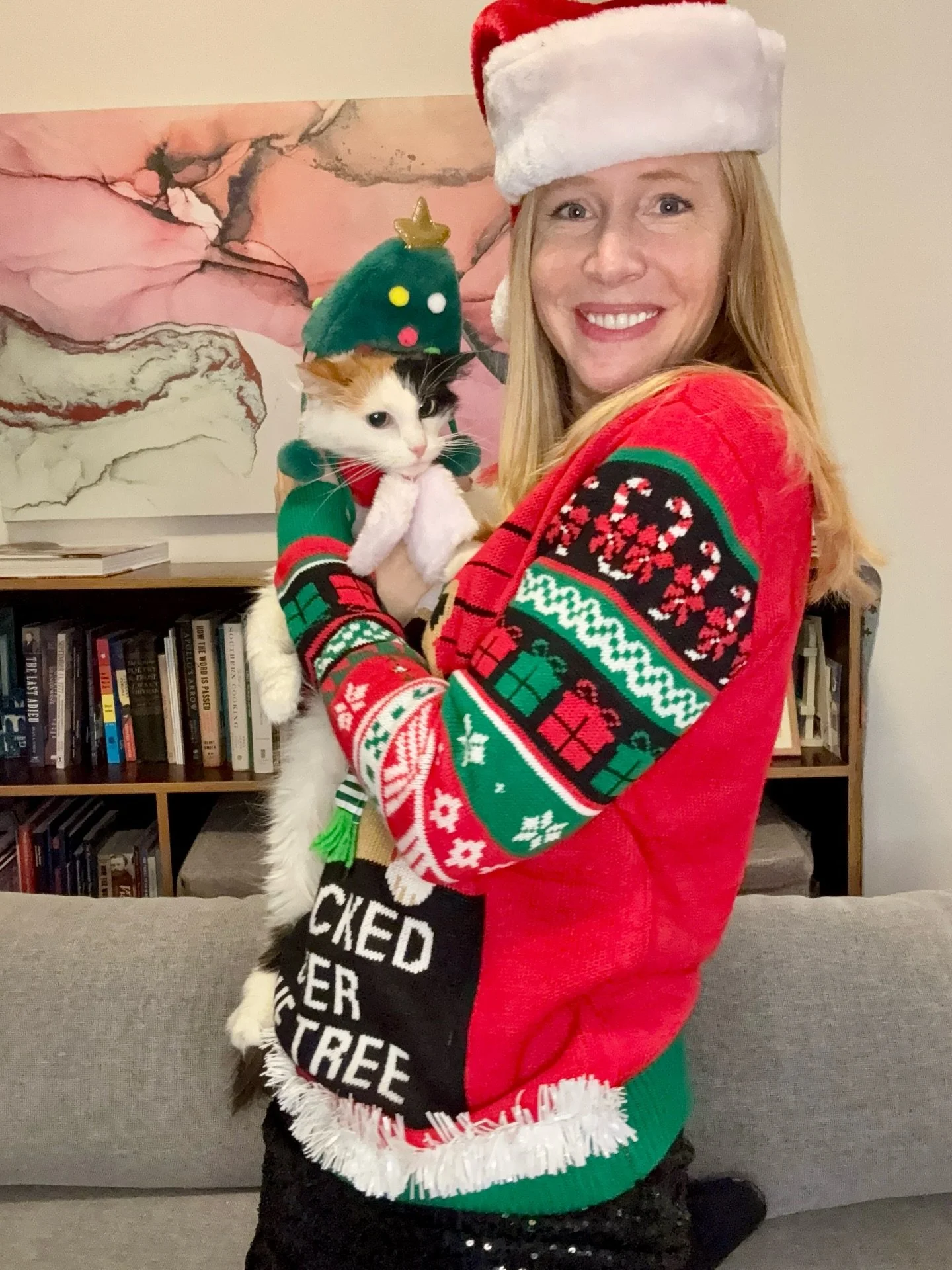 Why I have no Christmas tree 🎄 except the one BeBe 🐱reluctantly is wearing on her head for this holiday photo. First rule of Christmas: don&rsquo;t let the cat near the tree. Second rule: repeat rule one. 😂 Can you relate?!? But I&rsquo;d choose B
