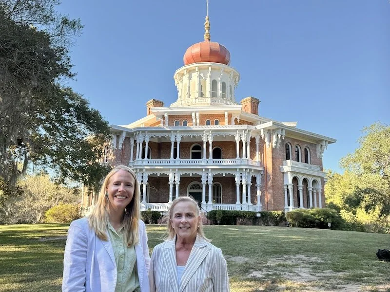 Darley Newman with her guide, Dona-Marie Geoffrion outside iconic Longwood Mansion in Natchez, Mississippi, the largest octagonal house in the U.S. and a true Southern landmark.