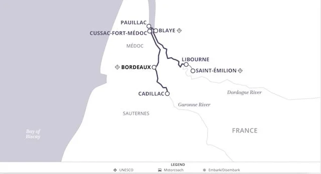Uniworld Brilliant Bordeaux river cruise map