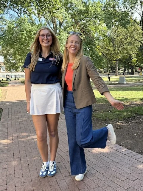 Darley Newman poses with campus tour guide Julia Case; an Ole Miss student ambassador whose upbeat energy makes Darley want to return to college.
